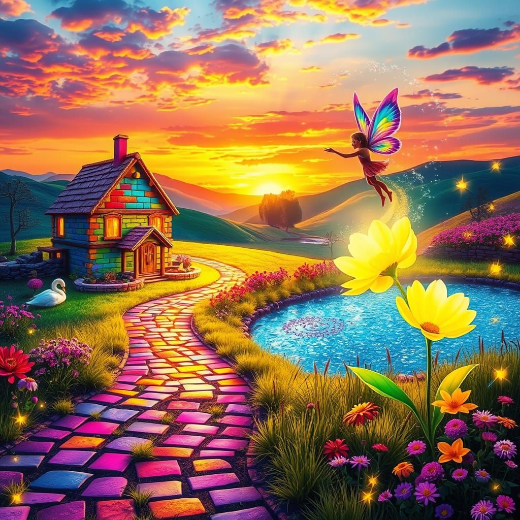 Magical Countryside at Sunset with Rainbow Fairy