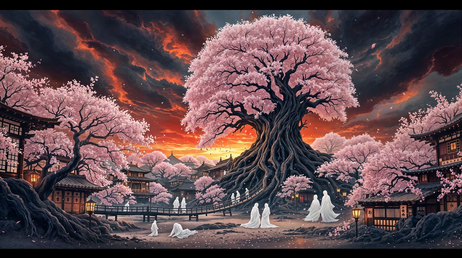 Surreal Digital Art of Ghostly Samurai in Sakura Cityscape