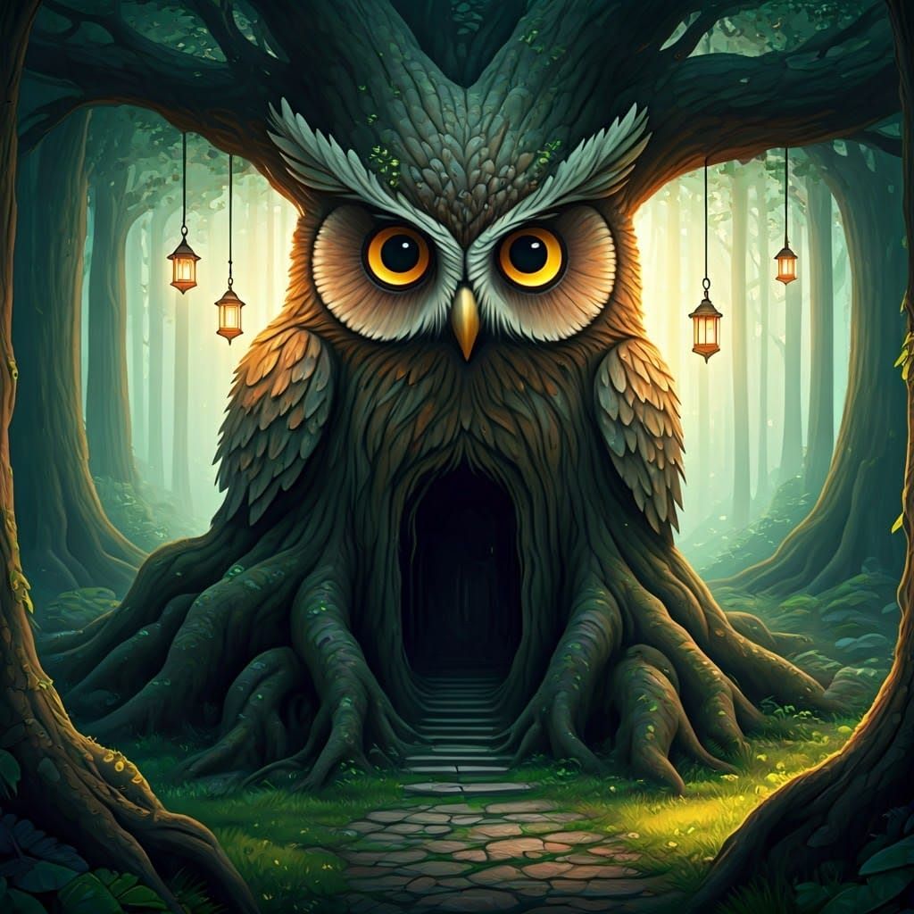 Ancient Tree Guardian in Whimsical Fantasy Scene