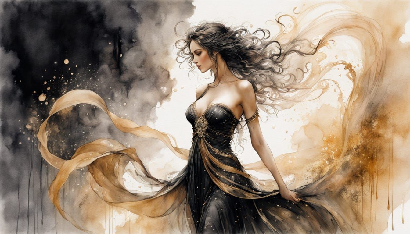 Sensual Nymph in Golden Ink Wash