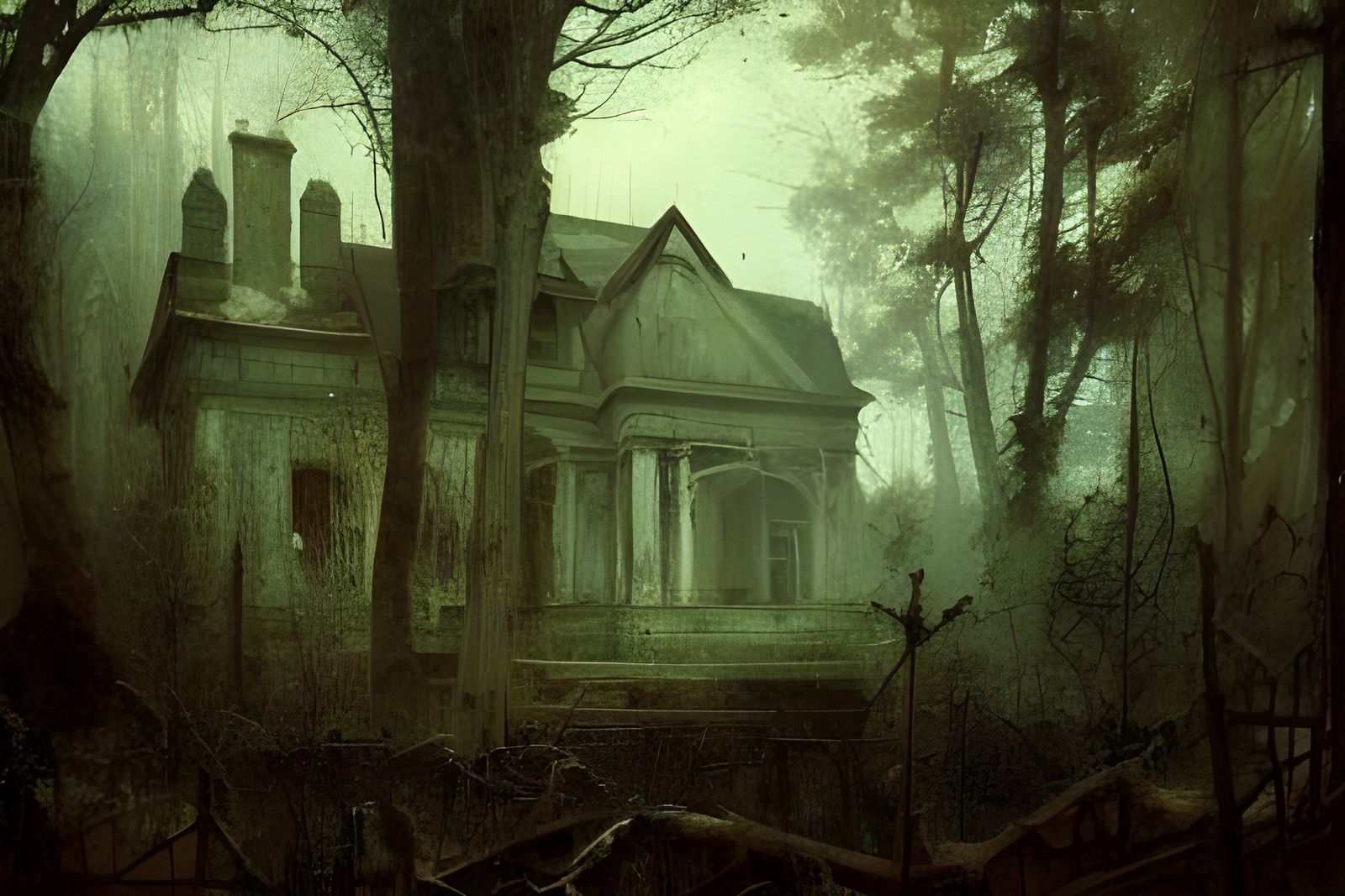 Eerie Abandoned House in Woods, Engraving Style