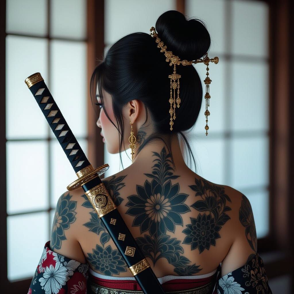 Japanese Warrior with Tattoos and Katanas