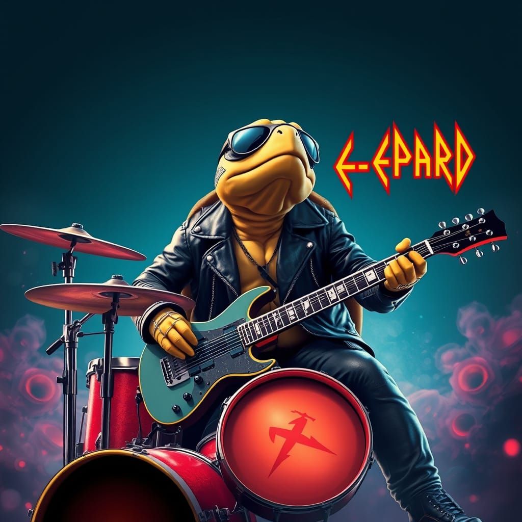 Turtle Rock and Roll Drummer in Cyberpunk Style