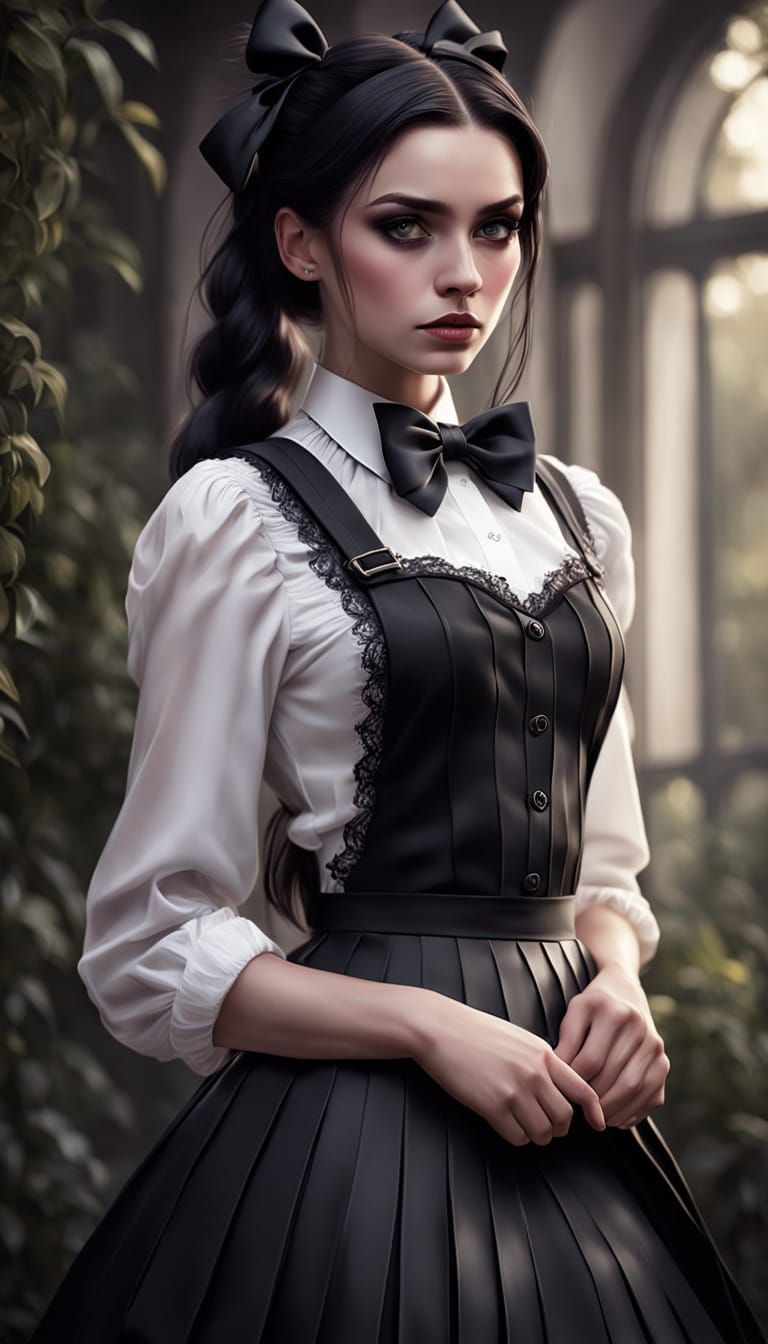Goth Woman in Black Pinafore, Photorealistic Concept Art