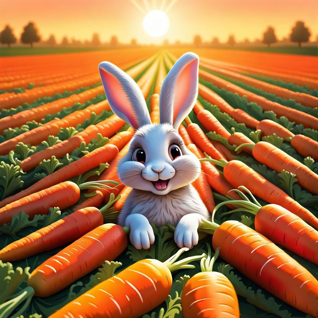Happy Rabbit in Carrot Field: Cartoon Style