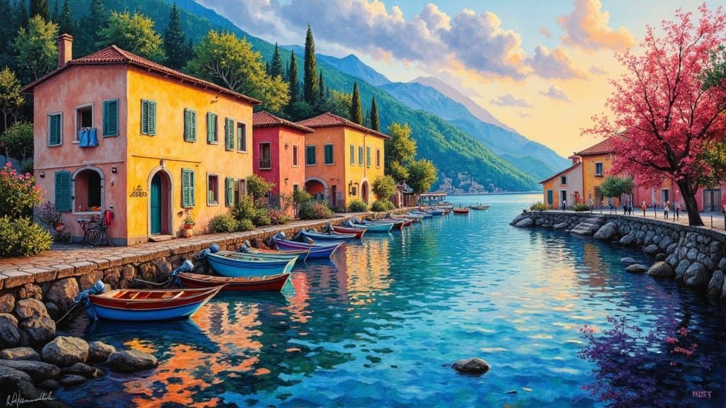 Whimsical Italian Village: Detailed Fantasy Oil Painting