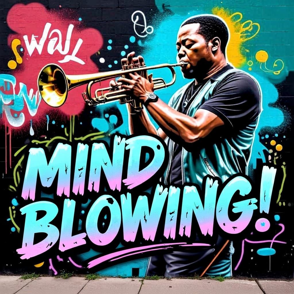 Change text that says "BEST TODAY!" to "MIND BLOWING!" Place it at the bottom in a 3D bold graffiti font, with rough, cr...