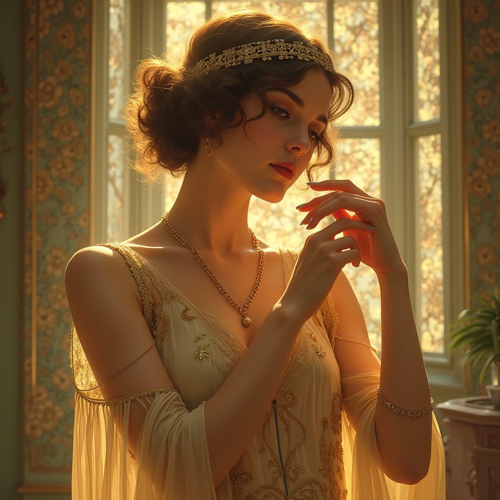 Flapper Getting Ready, Art Nouveau Style