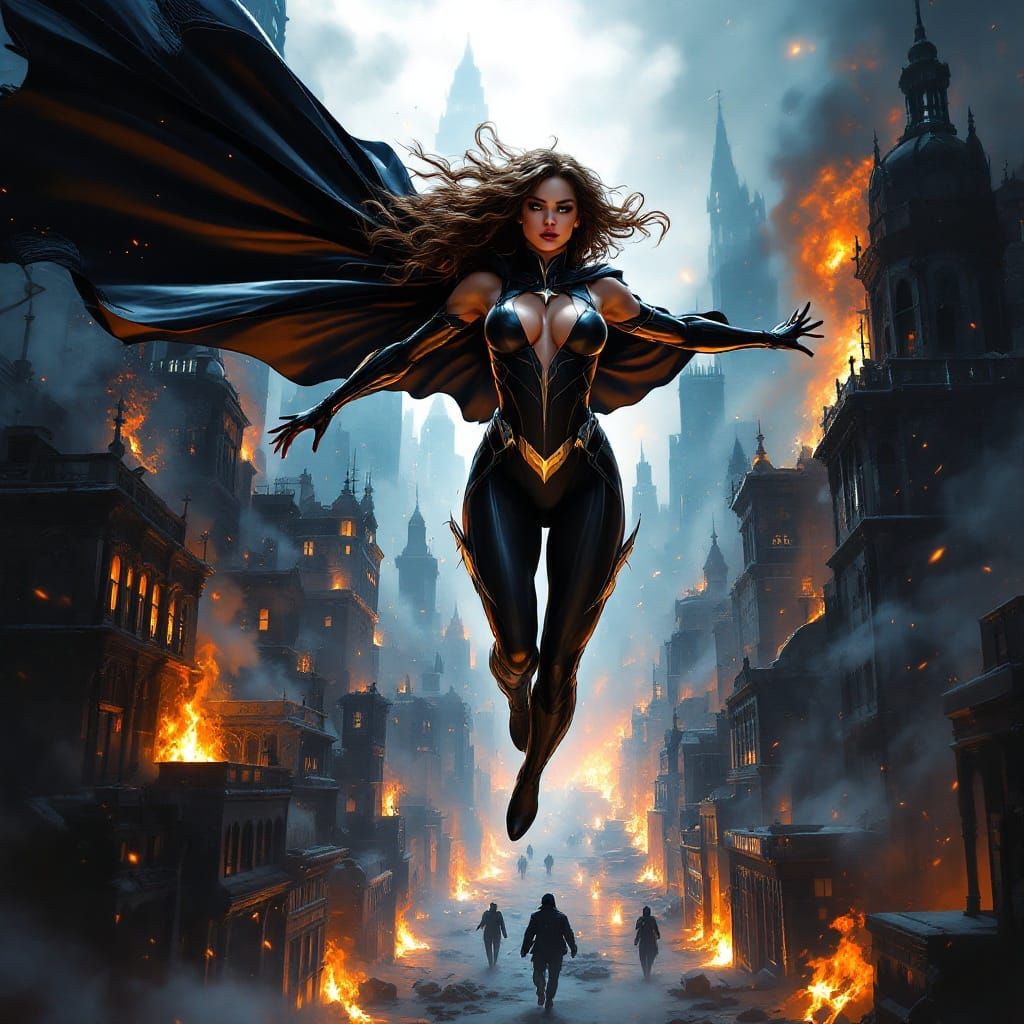 Sleek Superheroine Descends Upon a Dystopian Cityscape