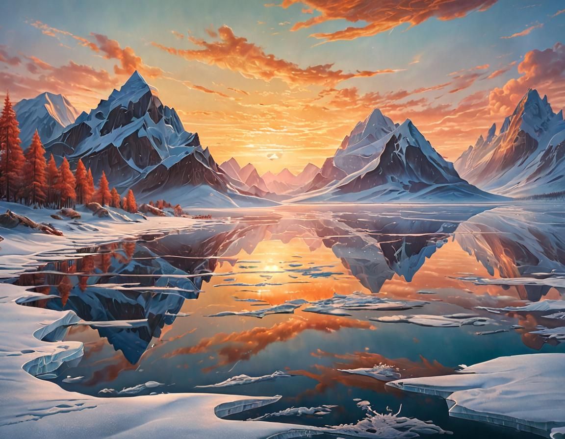 Sunrise Over Glassy Frozen Lake, Hyperrealistic Masterpiece