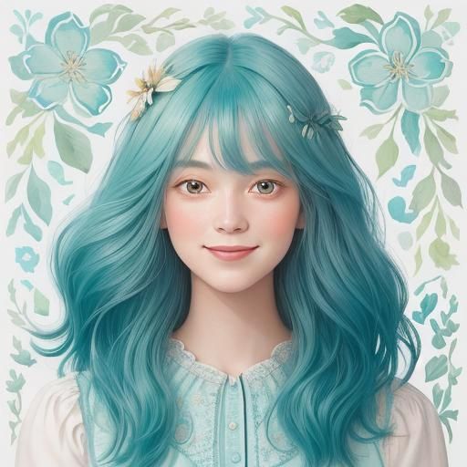Whimsical Portrait of Girl with Teal Hair in Gouache