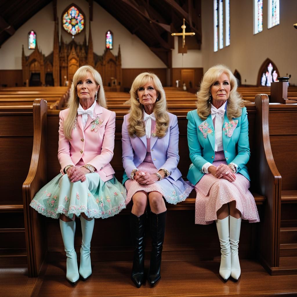 Feminine Crossdressers in Church Pew Wearing Pastel Suits