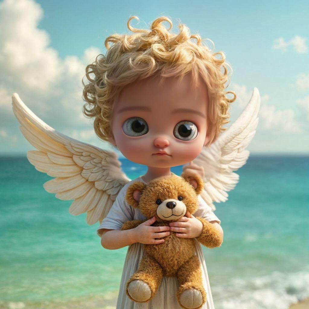 Blonde Angel Toddler on Beach, Detailed Matte Painting