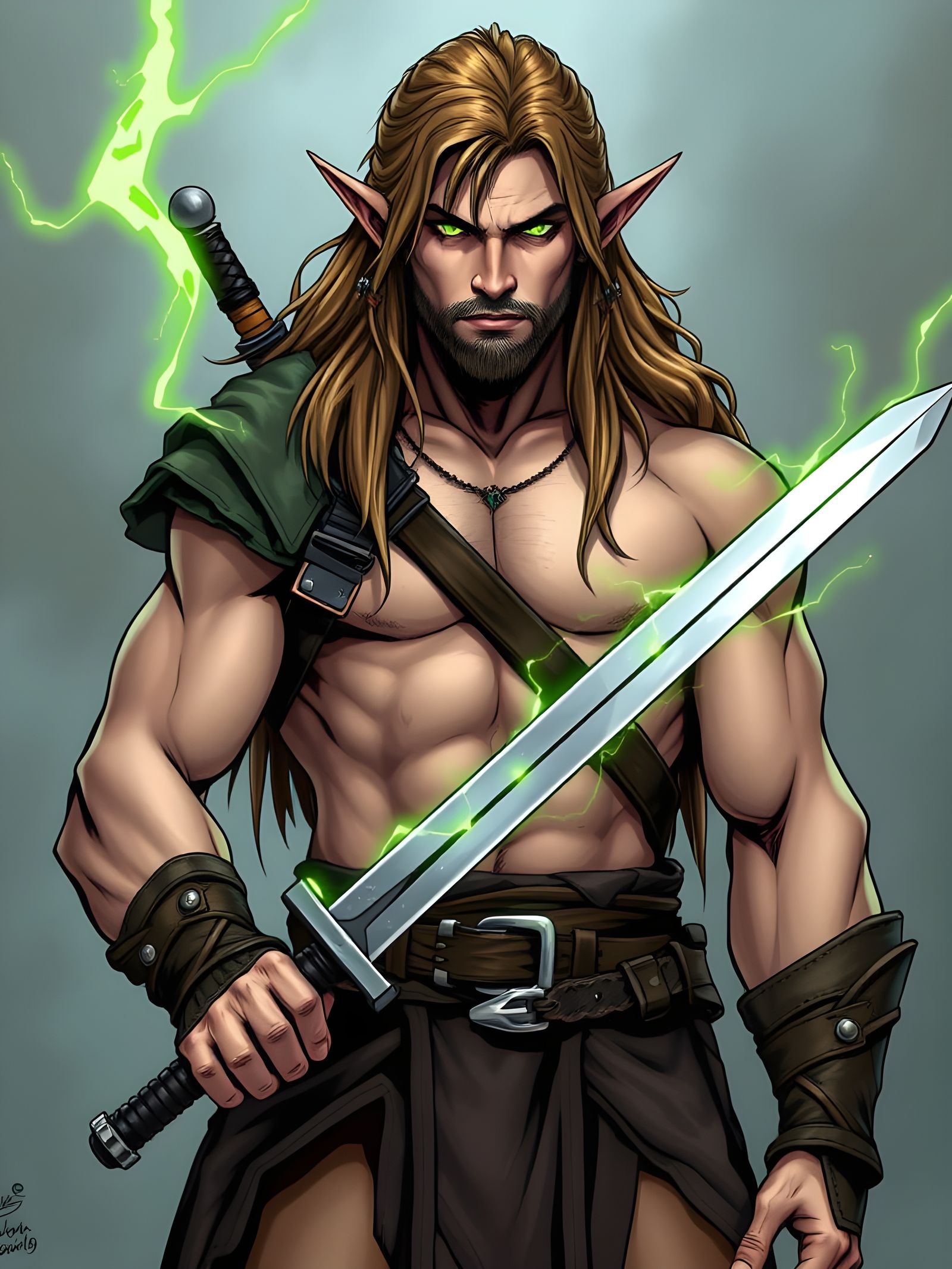 Elegant Elf Warrior with Green Magic Sword