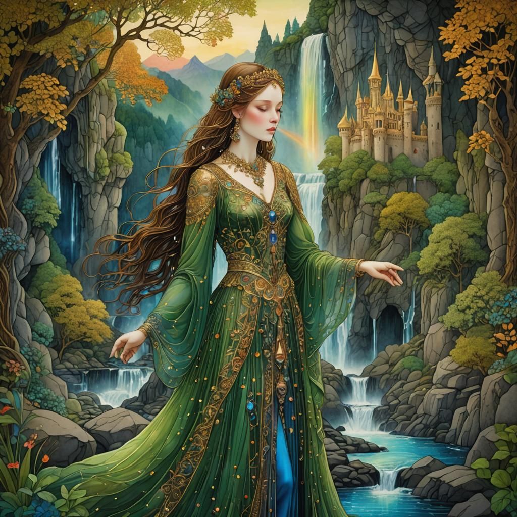 Graceful Lady in Front of Crystalline Castle