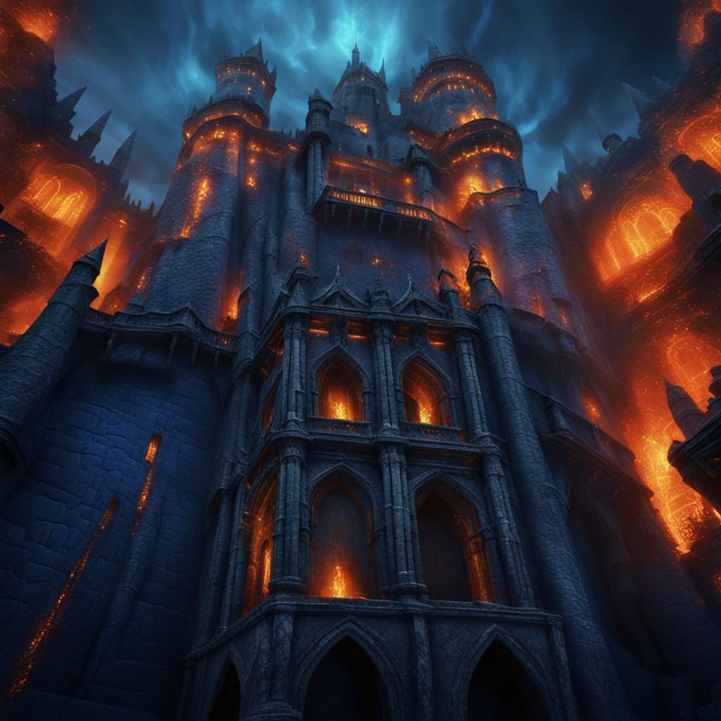 Mystical Dark Castle Engulfed in Blue Flames