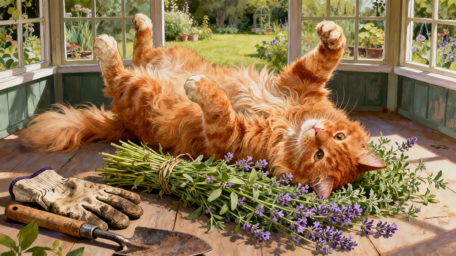 A painting of an orange cat with long fur laying on her back with her paws in the air, wiggling on top of a fresh cut bu...