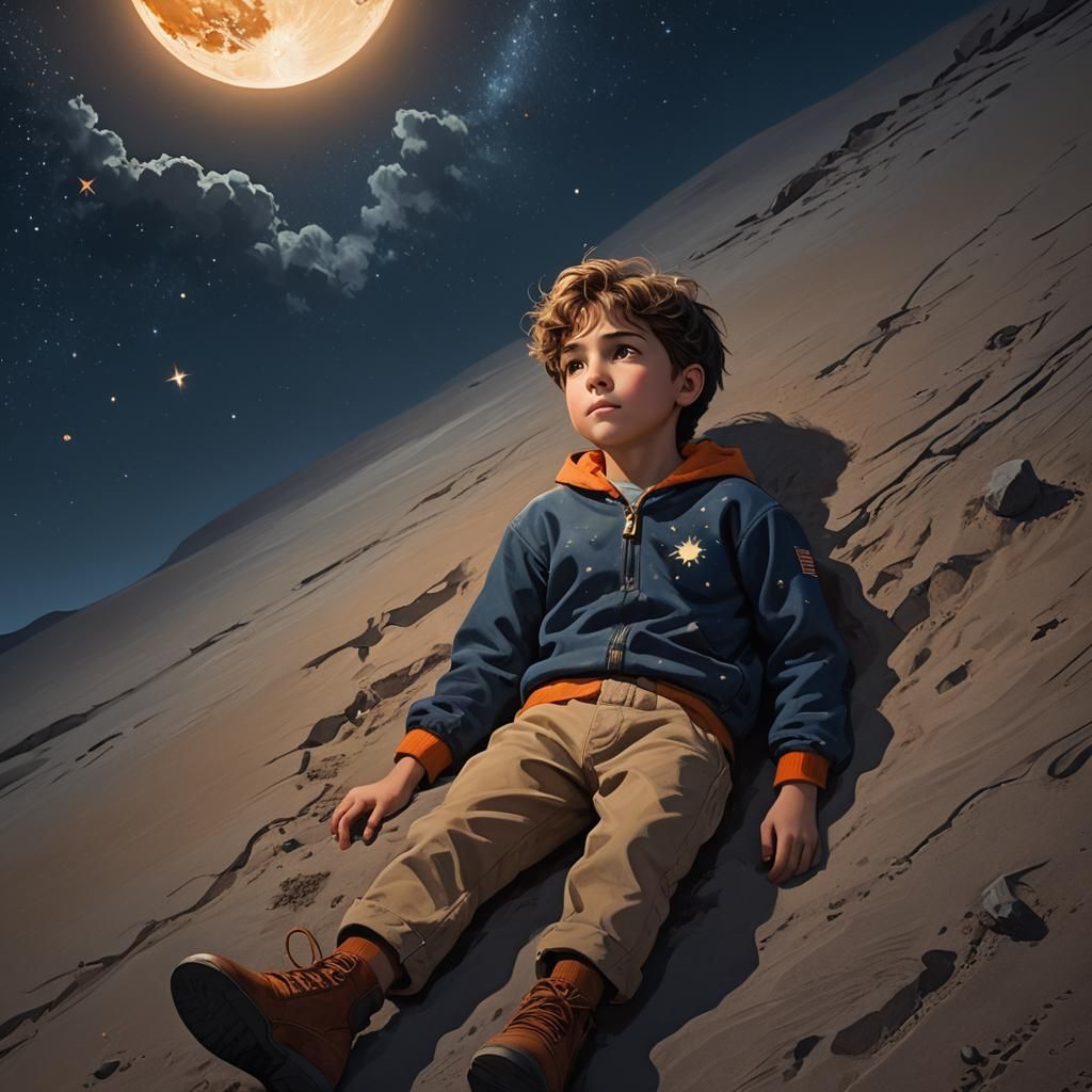 Boy Gazing at Starry Night Sky: Fantasy Concept Art