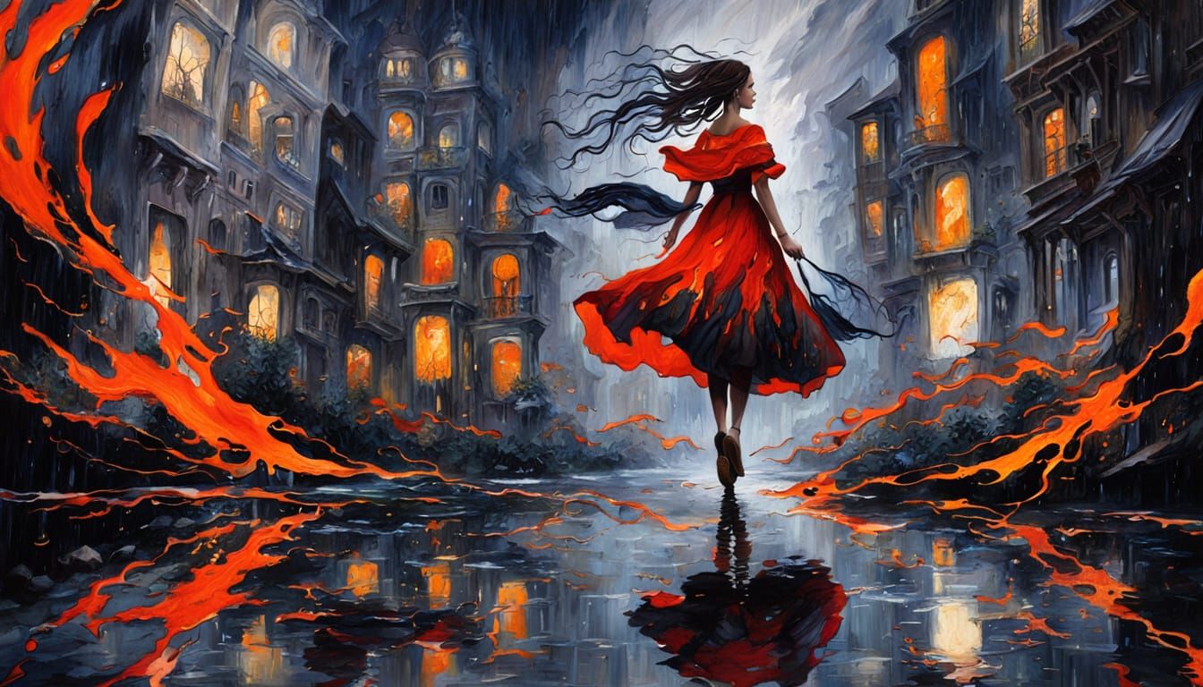 Impressionist Painting of Woman in Rain, Impasto Style