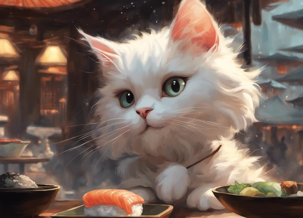 Chibi White Cat at Sushi Bar: 3D Render