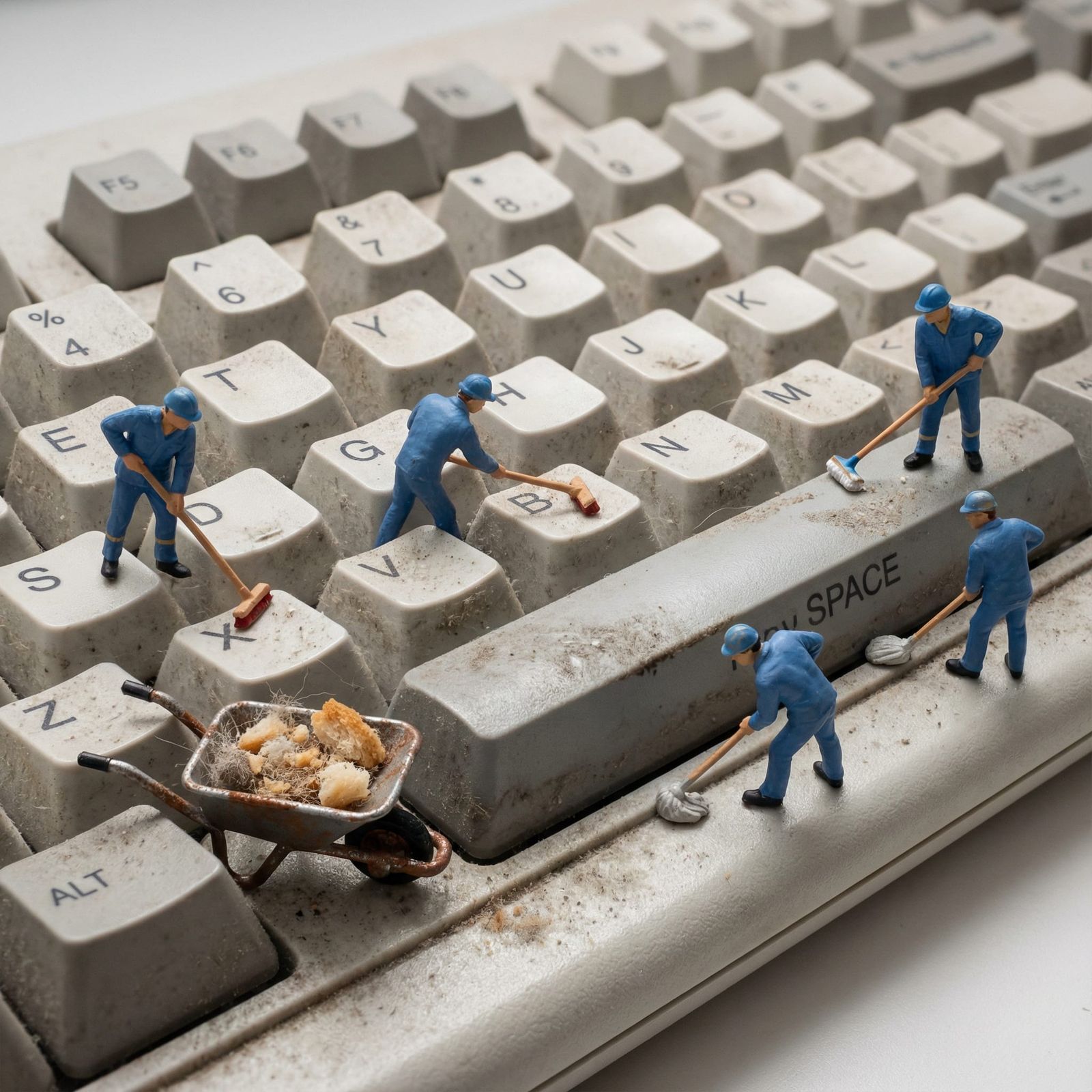 Macro View of Tiny Workers Cleaning a Dusty Keyboard