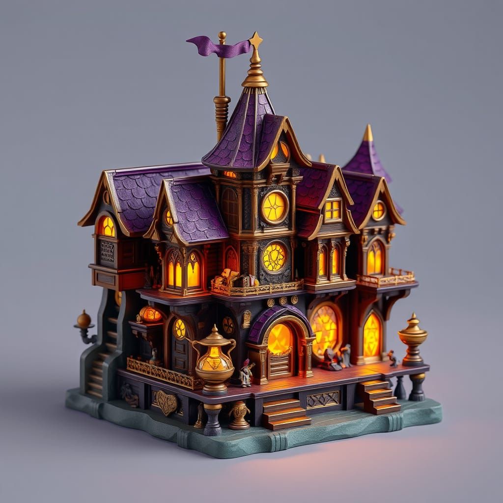 Chibi Wizard's Spellbook Tower in Vibrant Purple and Gold
