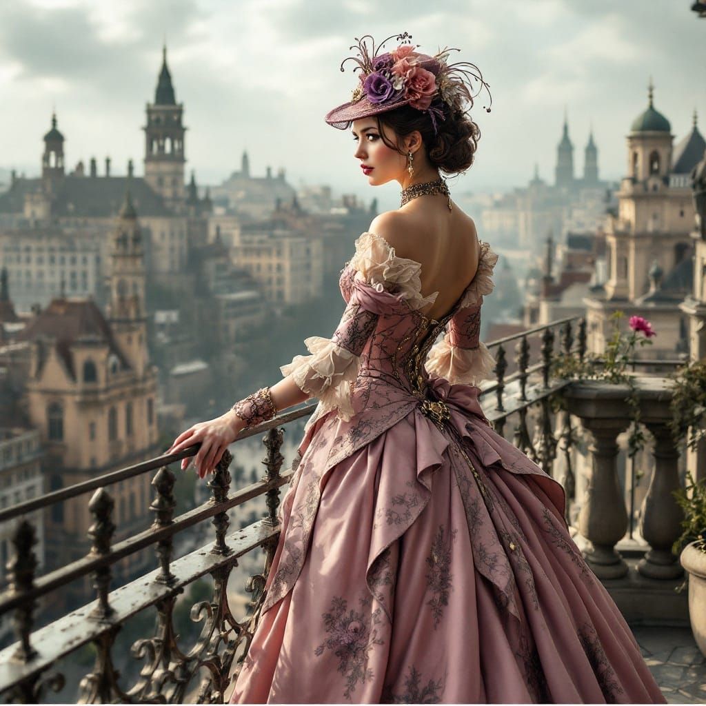 Elegant Victorian Steampunk Lady Overlooks City