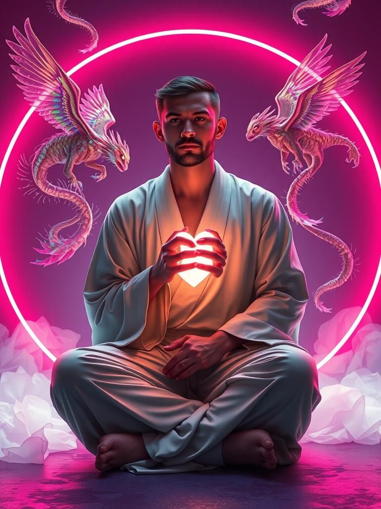 Ethereal Figure with Glowing Heart in Neon Circle