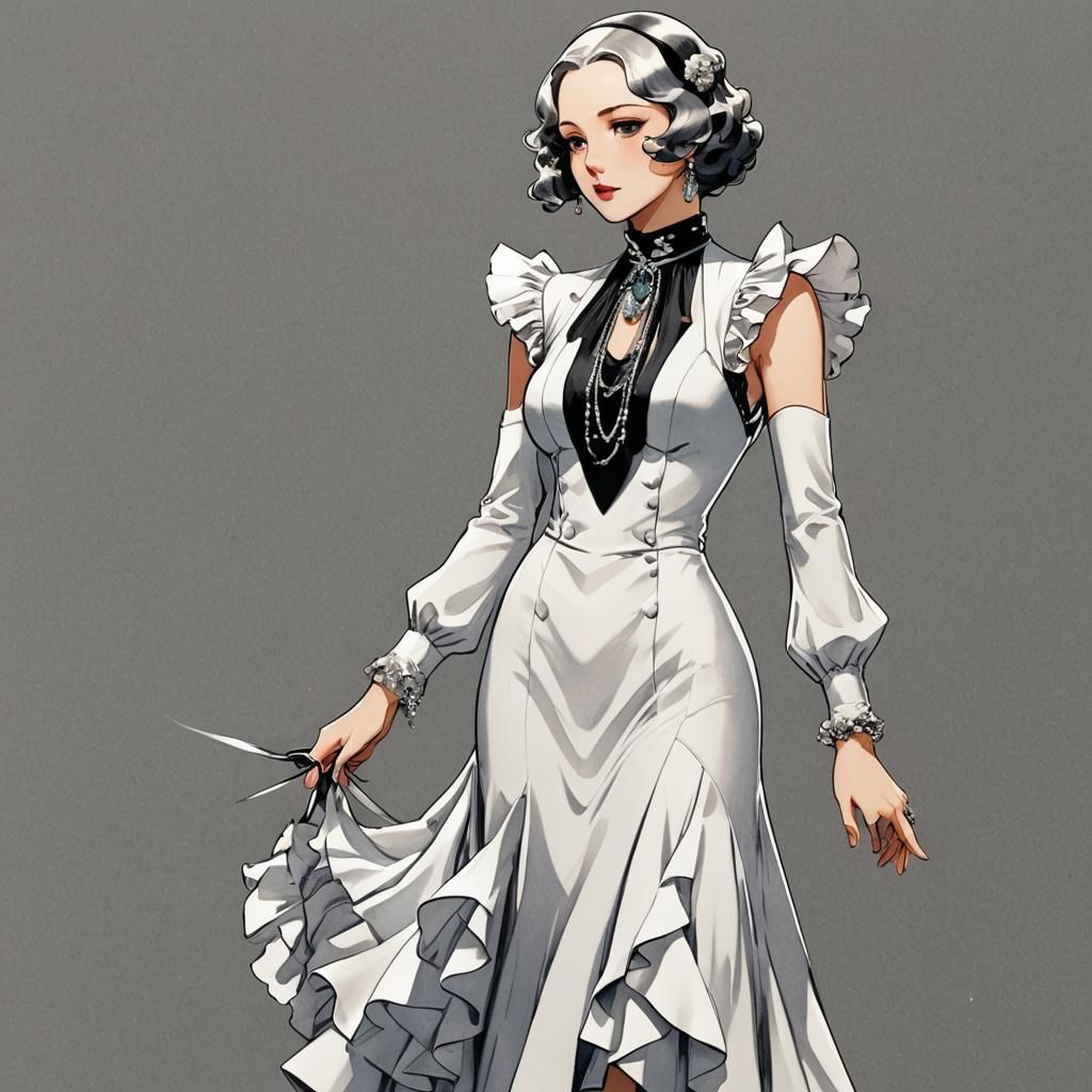 1930s Ladies Suit with Ruffles in Anime Style