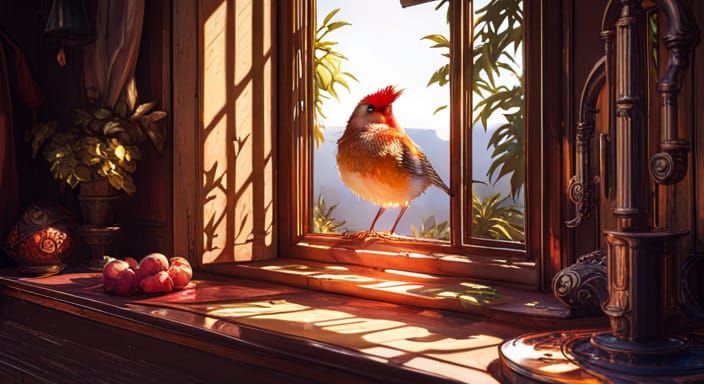 Bird Resting on Old Window, Hyperdetailed Art