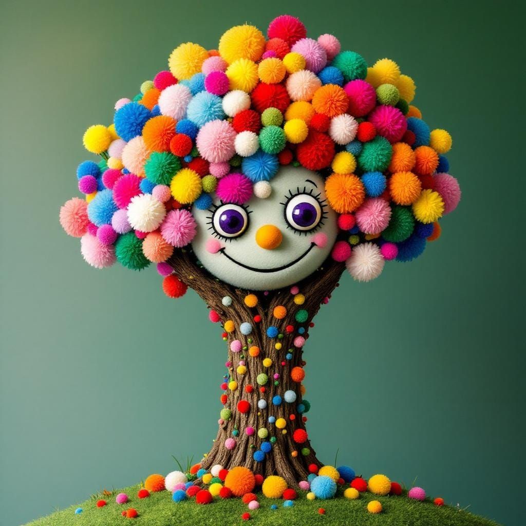 Whimsical Pom Pom Tree Character with Smiling Face