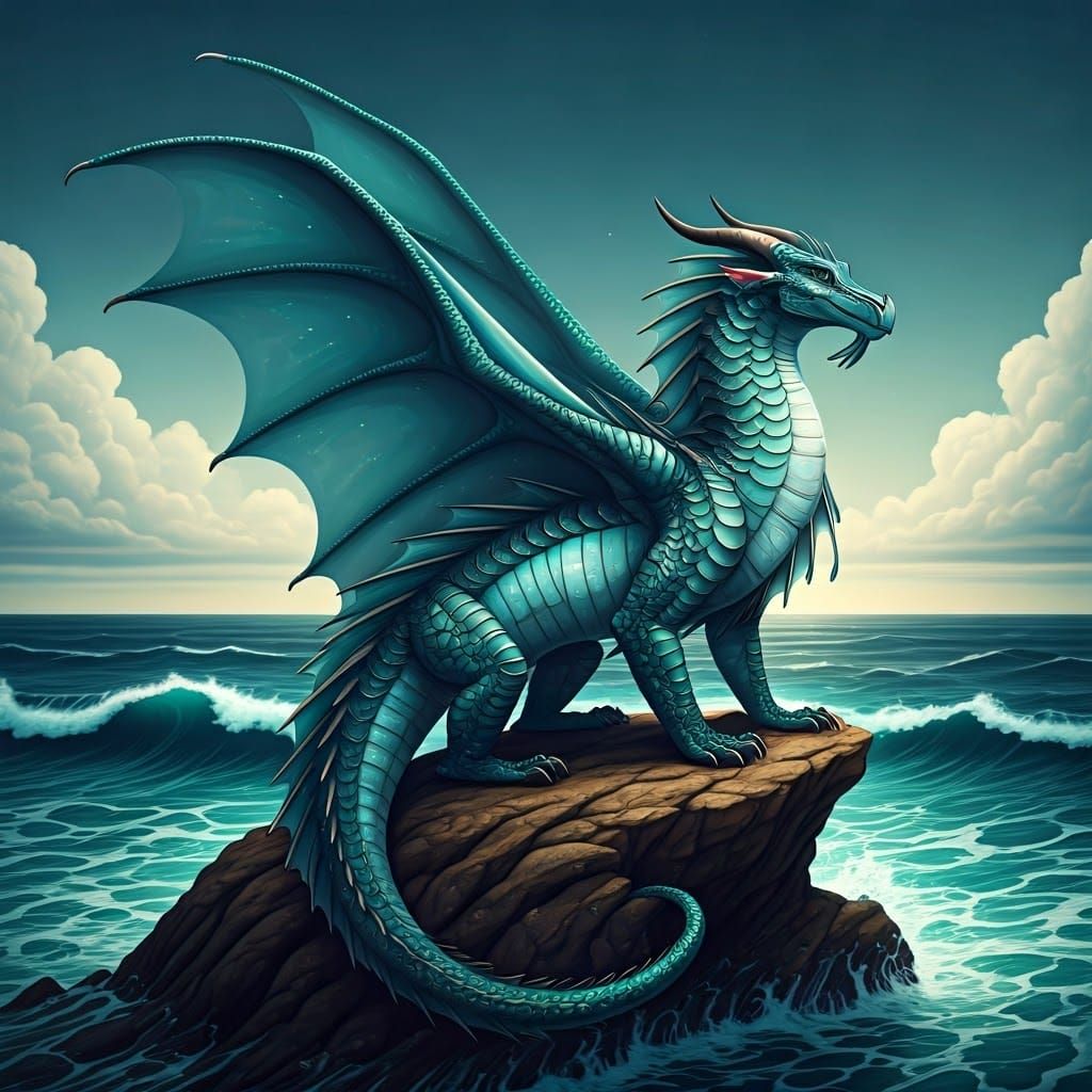 Majestic Seawing Dragon on Oceanic Rock
