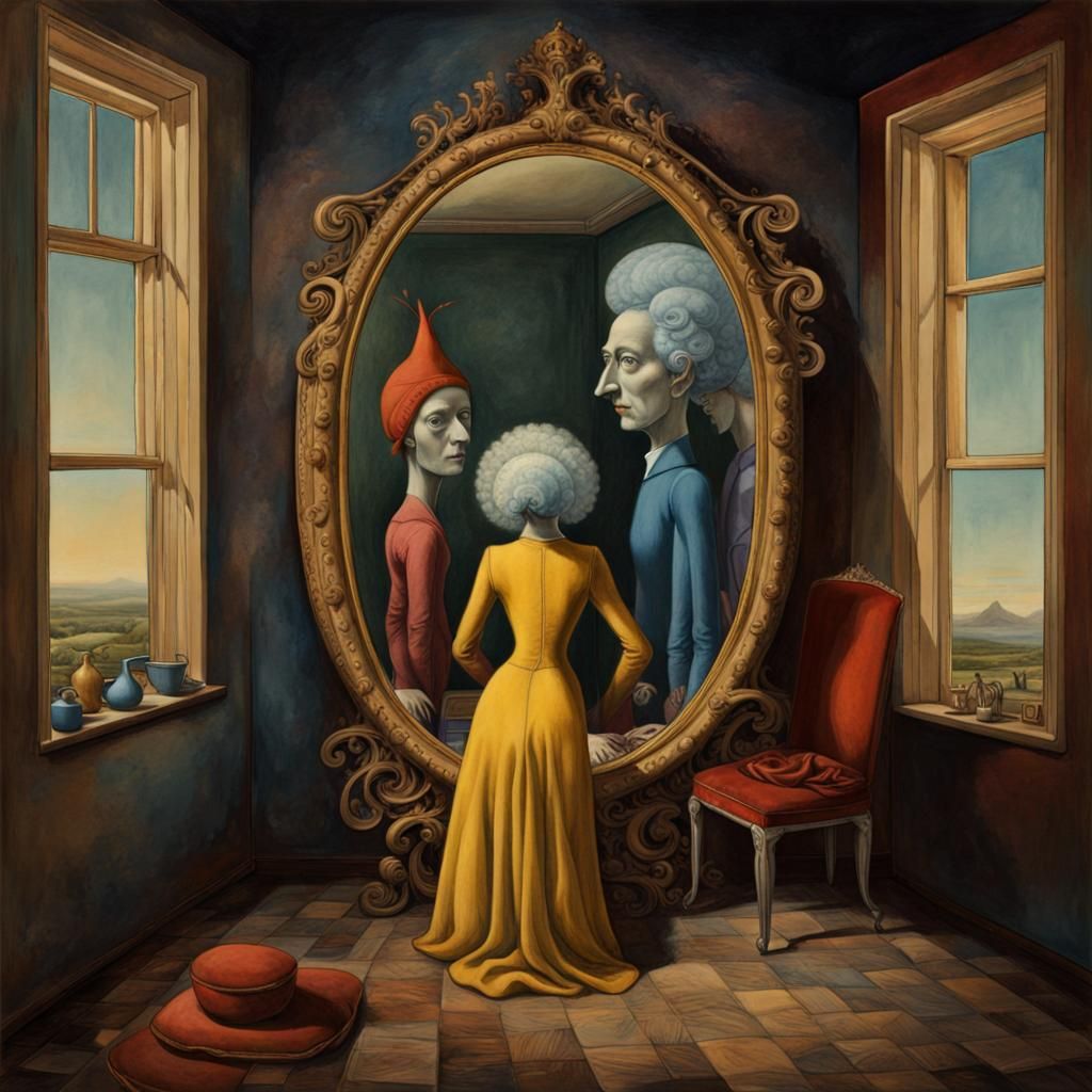 Surreal Mirror Image in Dreamlike Watercolor Style