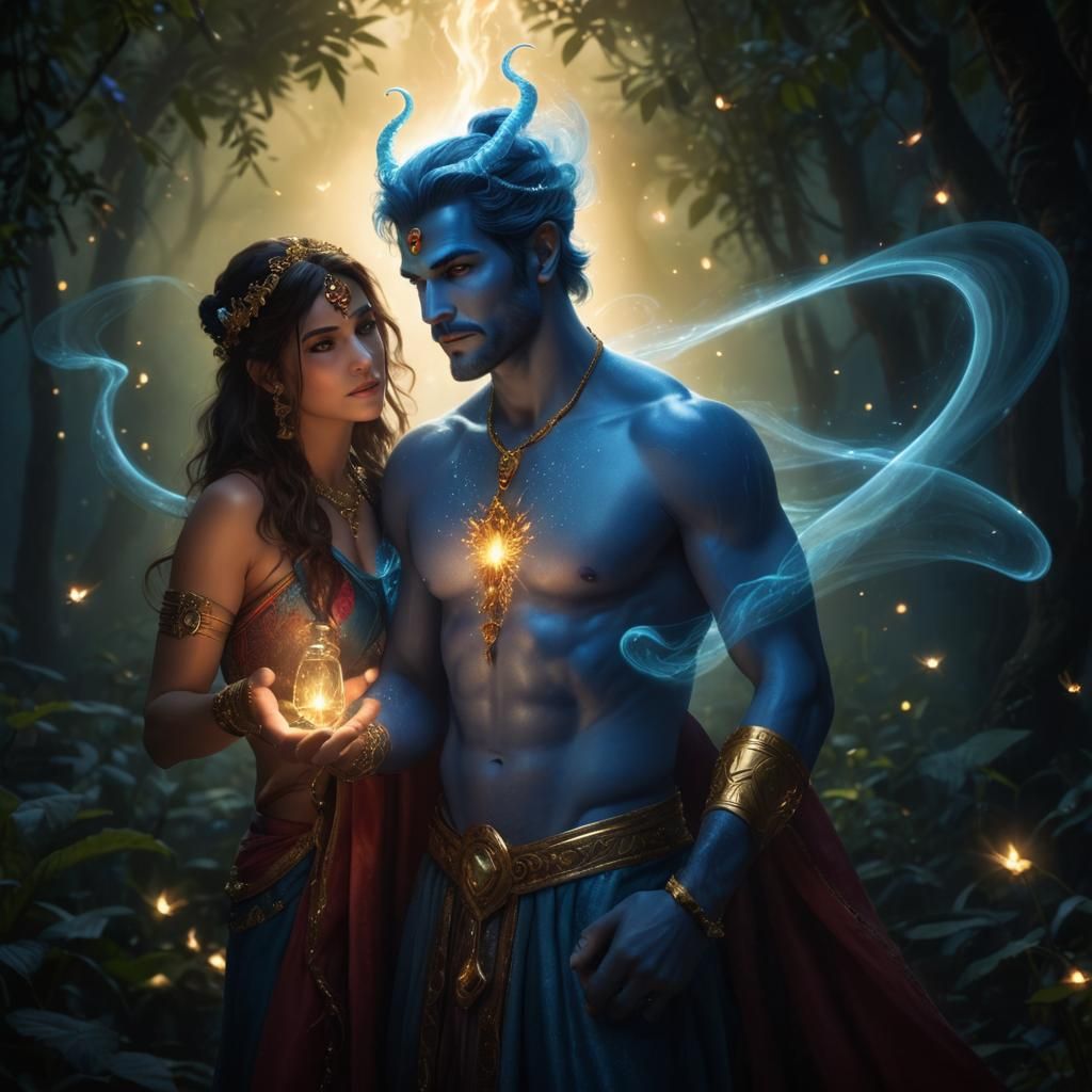 Blue Genie with Fireflies in Fantasy Setting