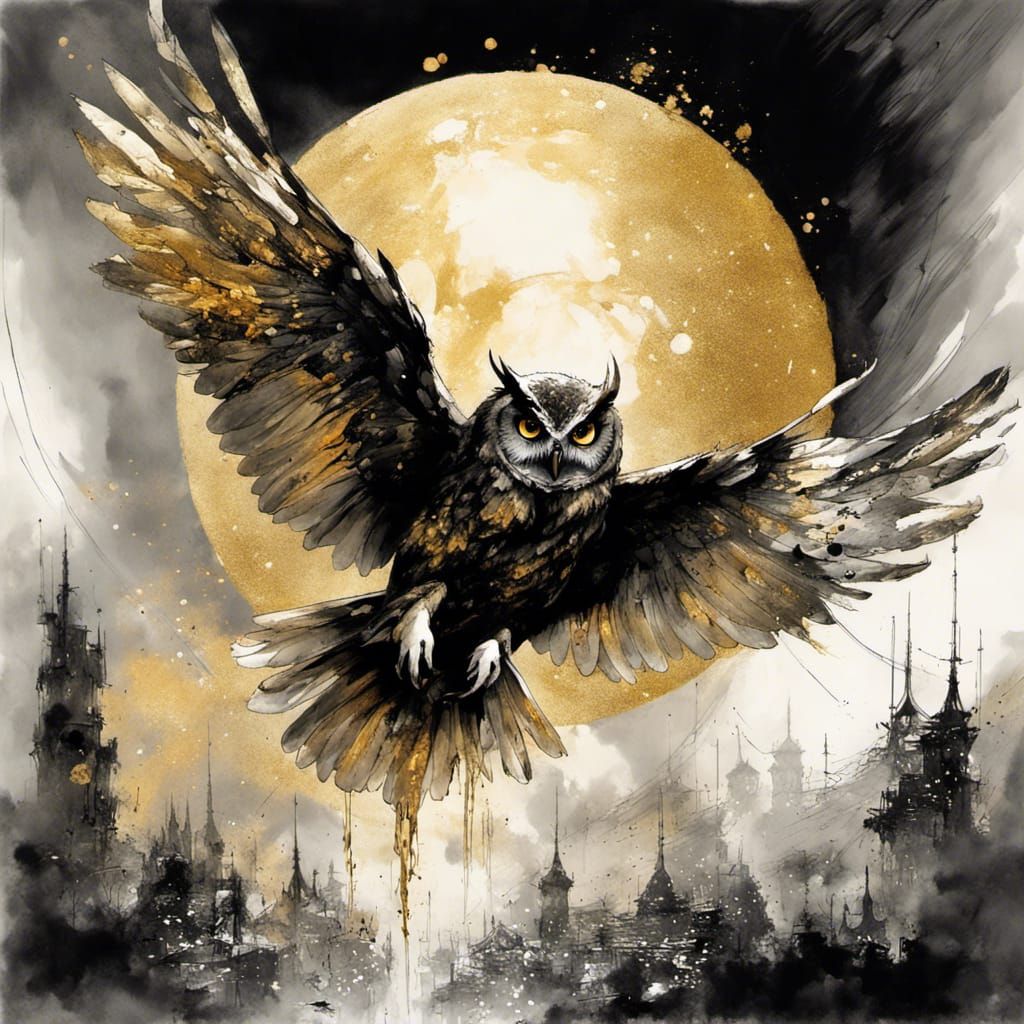 Majestic Owl Dissolving into Smoke Against Golden Moon