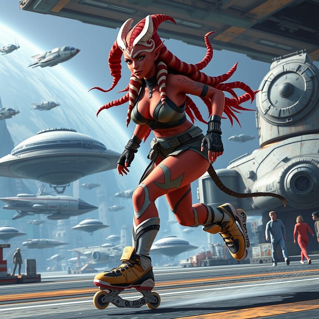 Red-Skinned Warrior Hyper-Fat Female in Futuristic Spaceport