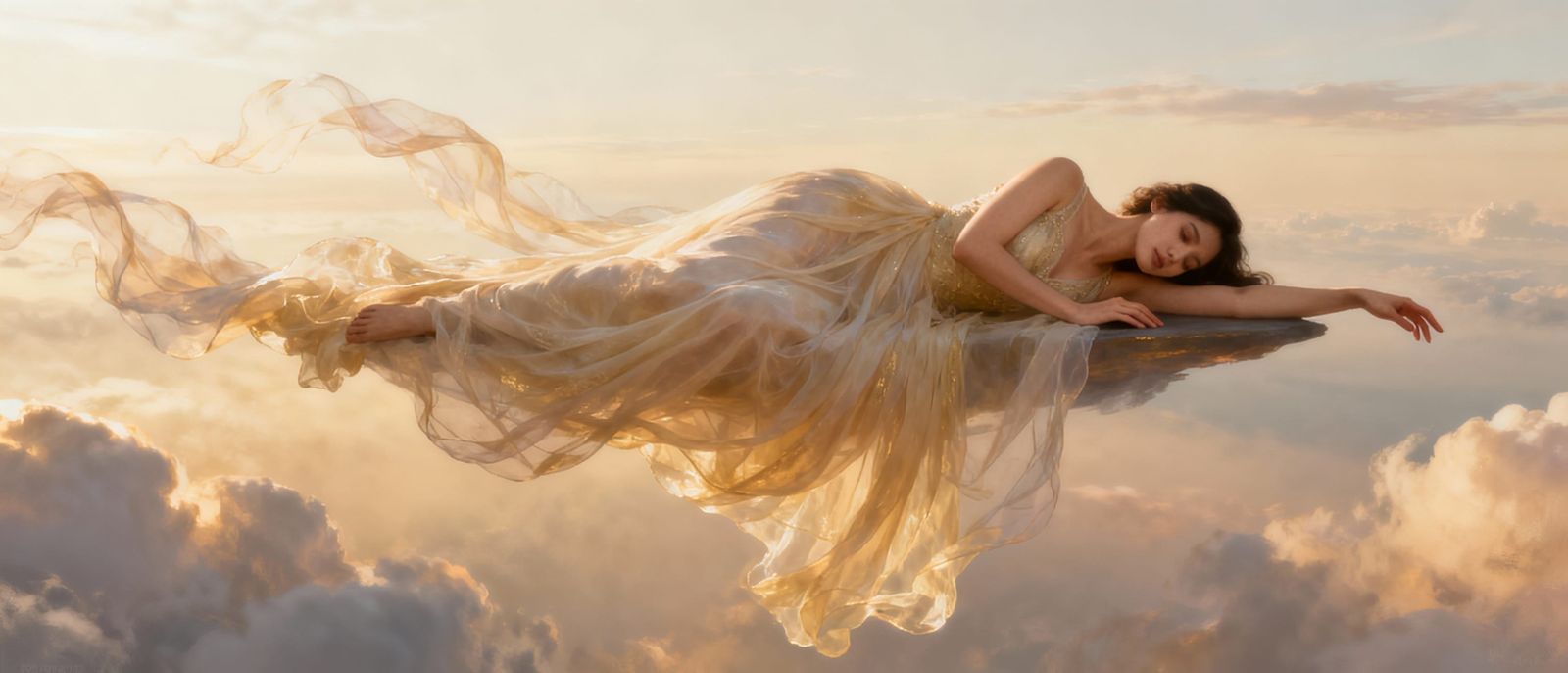 Beautiful Woman Floating in Dreamy Sky Concept Art