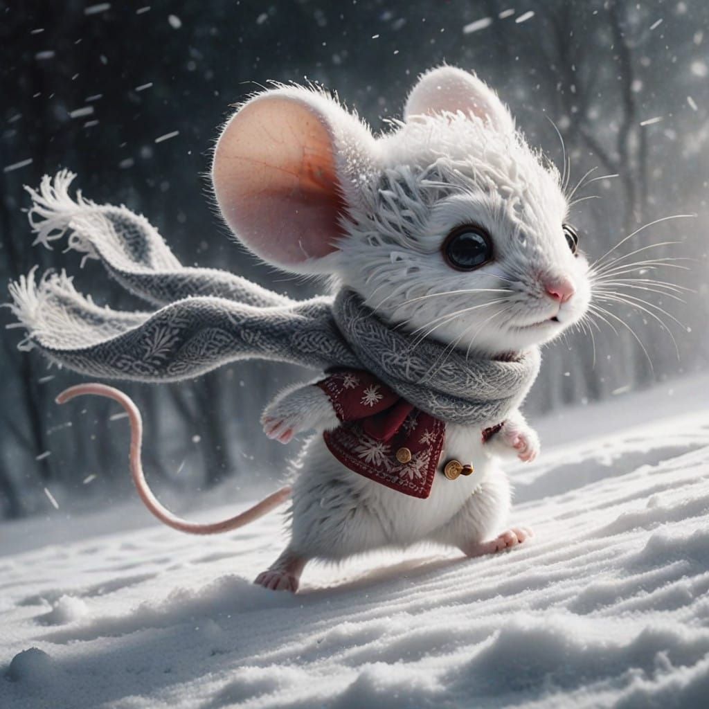 Determined White Mouse Runs Through Snowstorm in Crimson Coa...