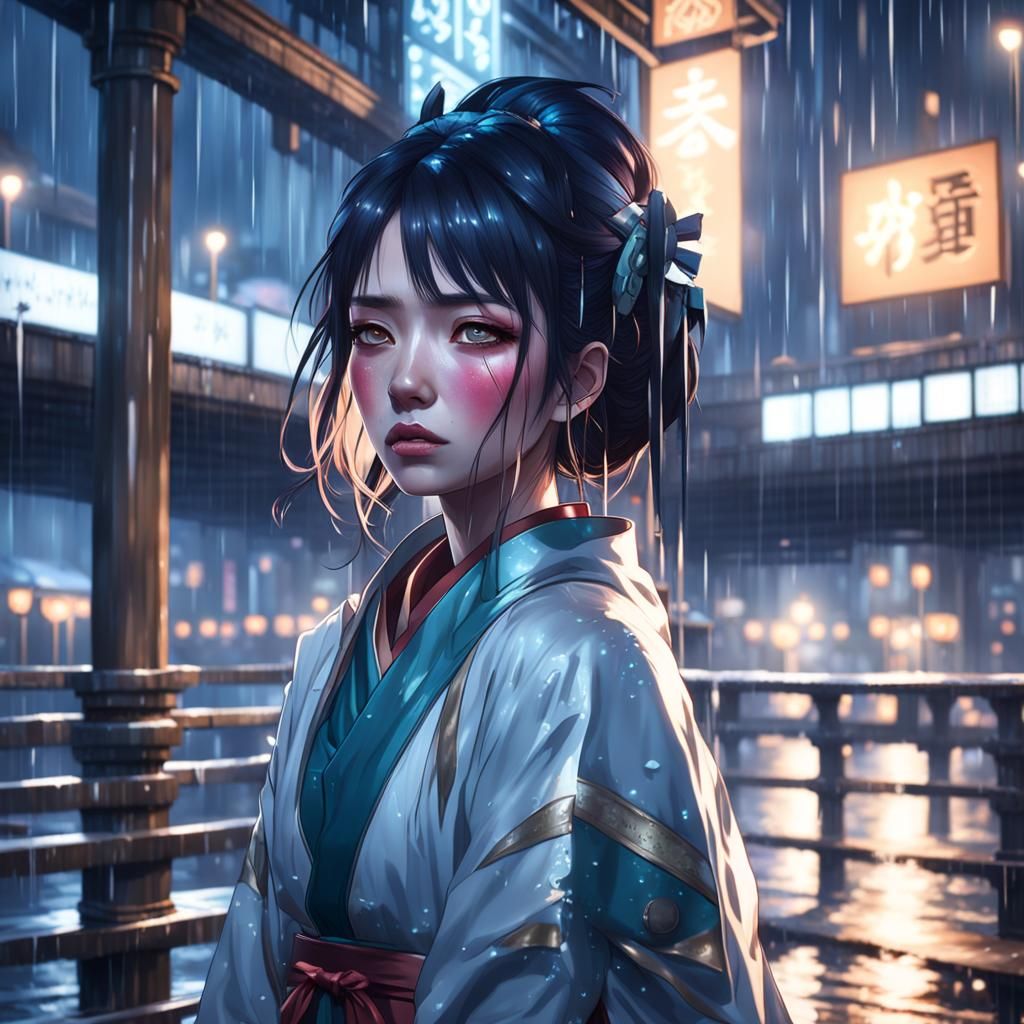 Sad Japanese Girl Crying in Rain: Hyperdetailed Portrait