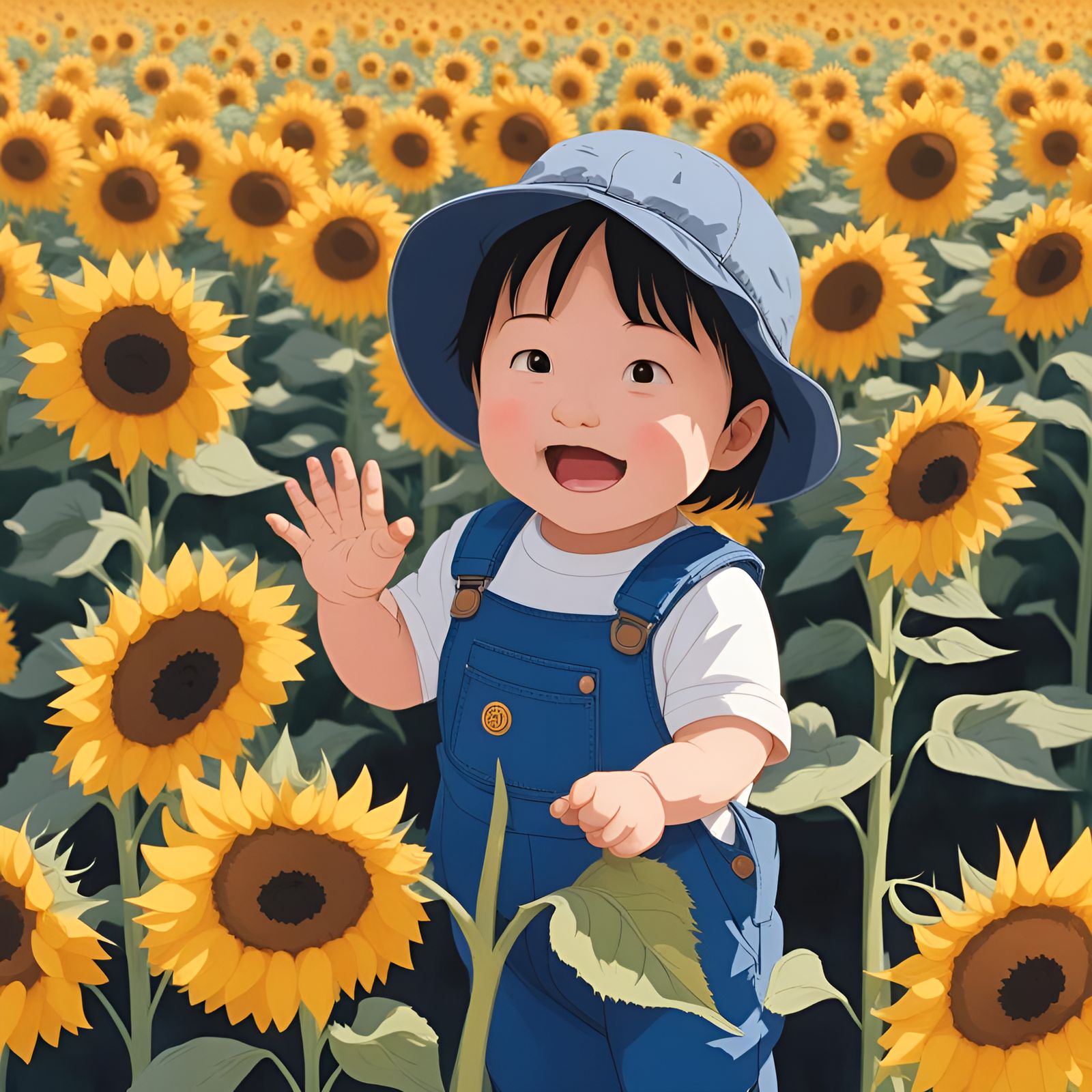 Happy Toddler Waving in Sunflower Field, Ghibli Style