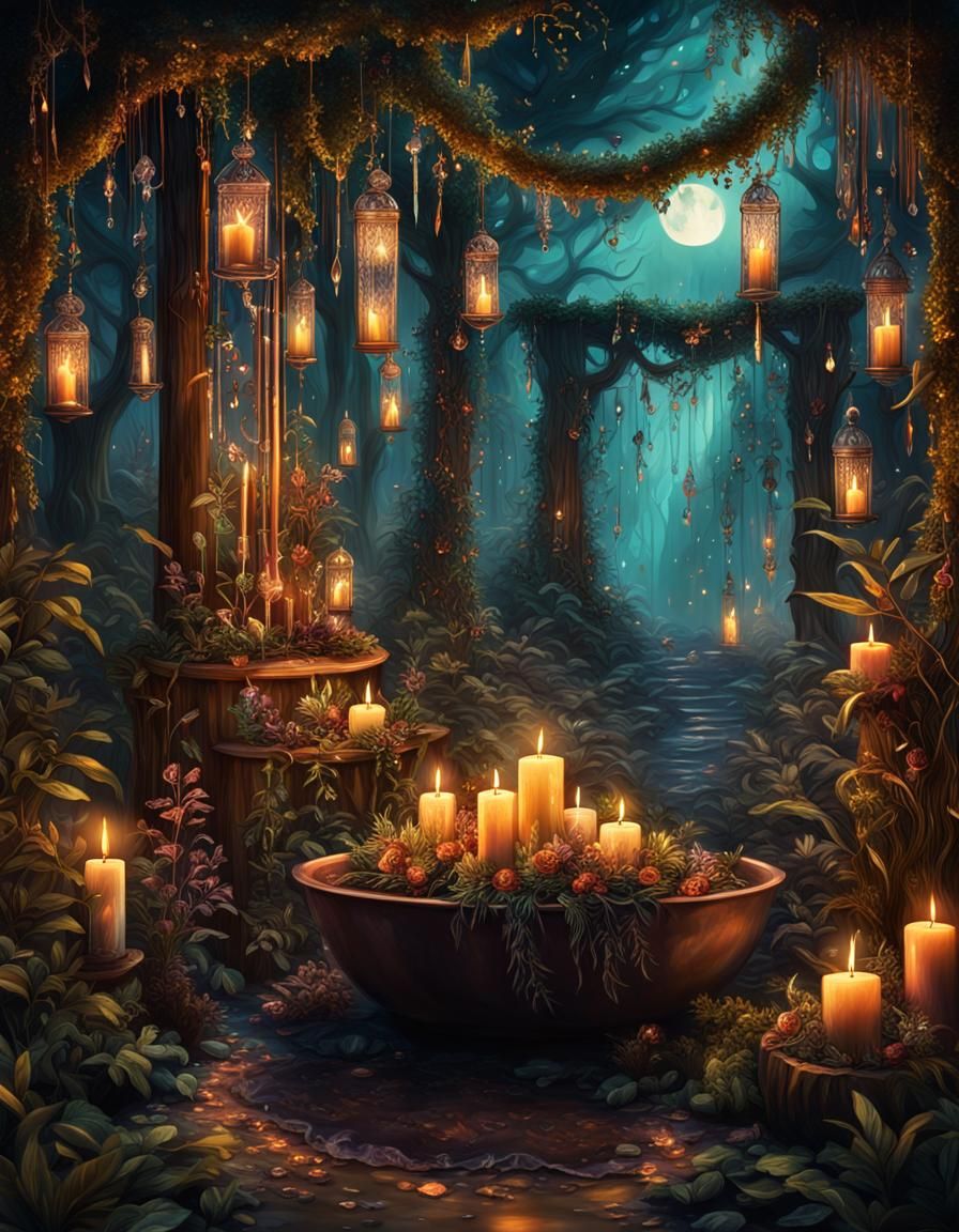 Mystical Moonlit Forest with Enchanting Witchy Elements