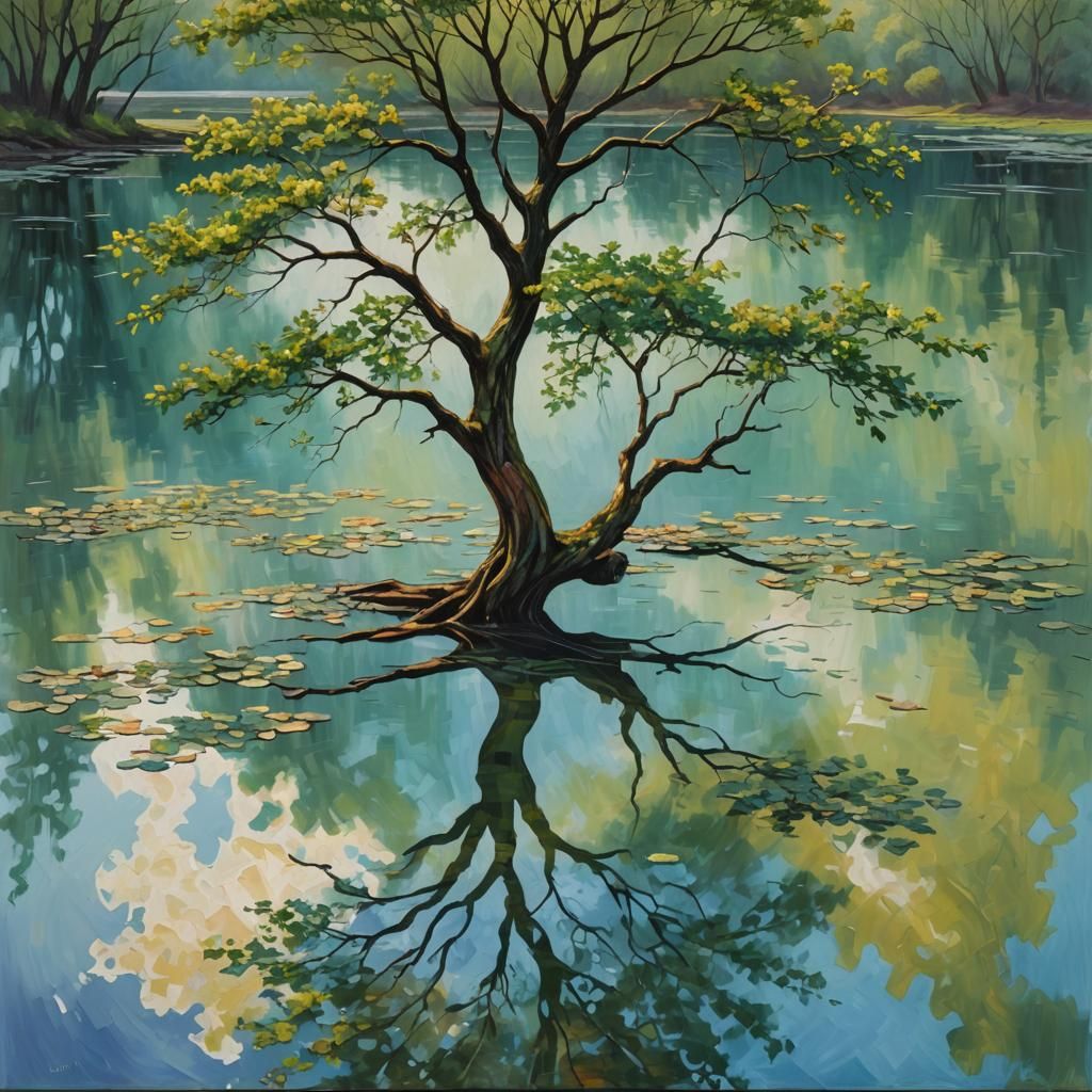 Tranquil Pond Reflection: Solitary Tree in Impasto Style