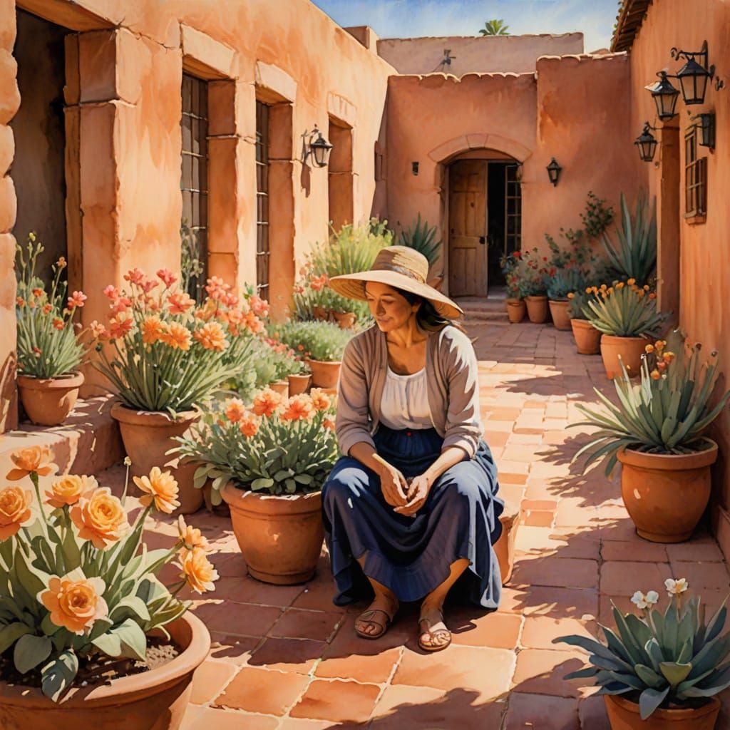 Impressionist Watercolor: Mother in Pueblo Garden