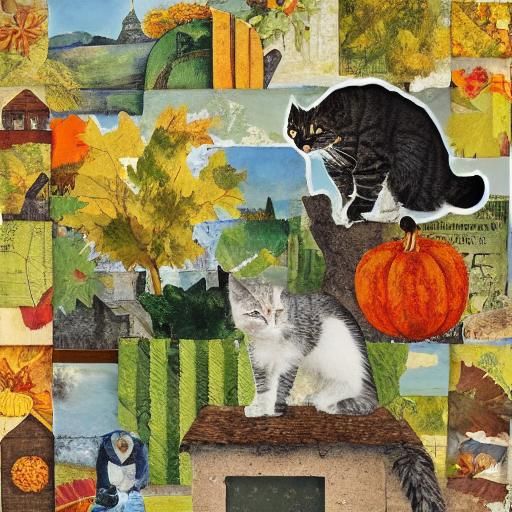 Autumnal Paper Collage of a Stray Cat