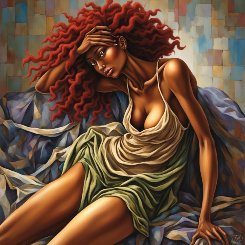 Sensual Redhead in Flowing Attire: Romantic Illustration