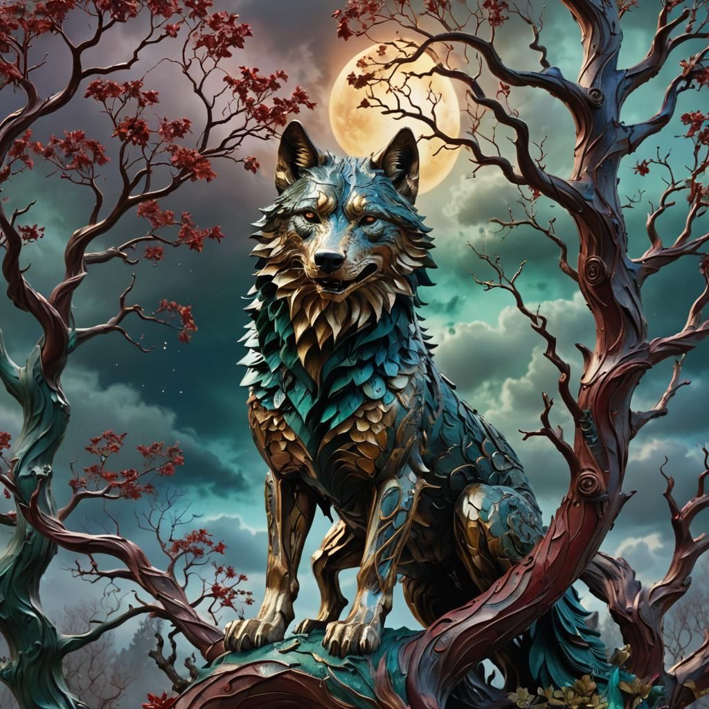 Wolf Howling Atop Crimson Tree in 3D Metal Art