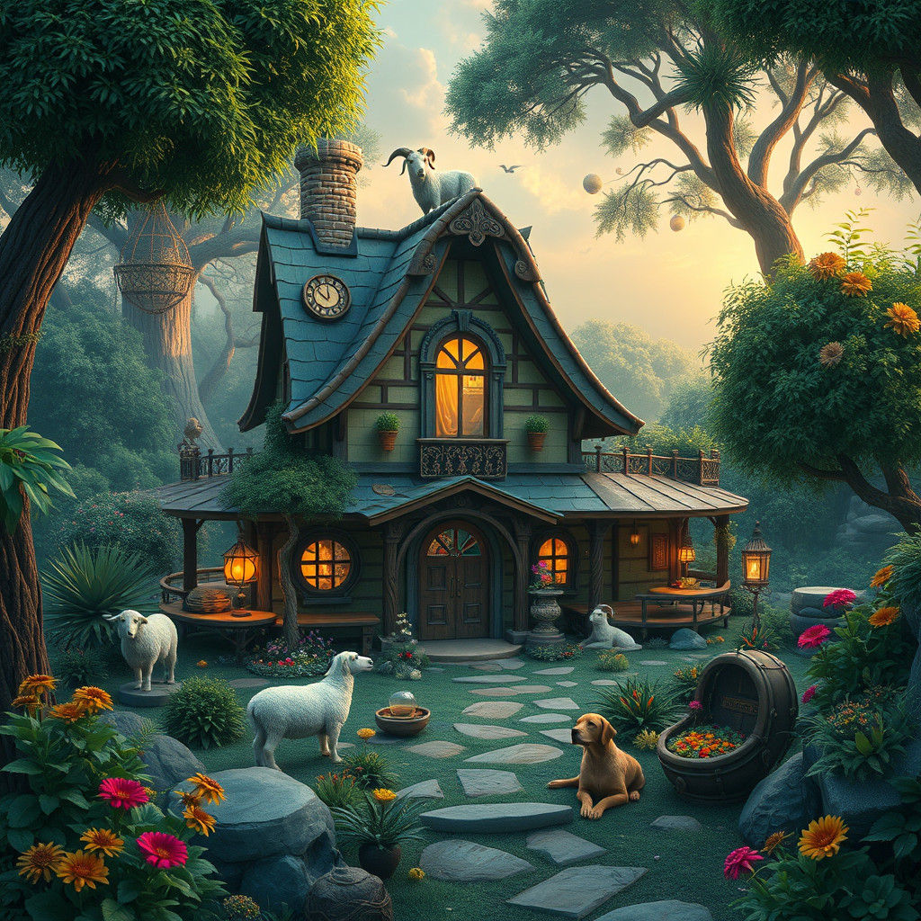 Fantasy House with Goat, Sheep and Dog
