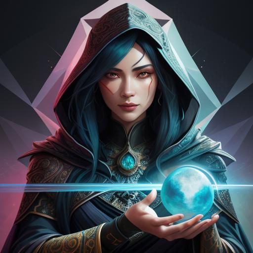 Cloaked Sorceress Summons Magic in Cubist Digital Art