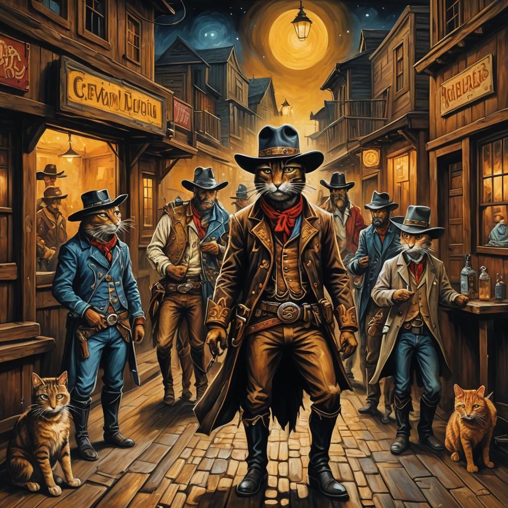 Anthropomorphic Feline Cowboys in a Dreamlike Saloon Scene