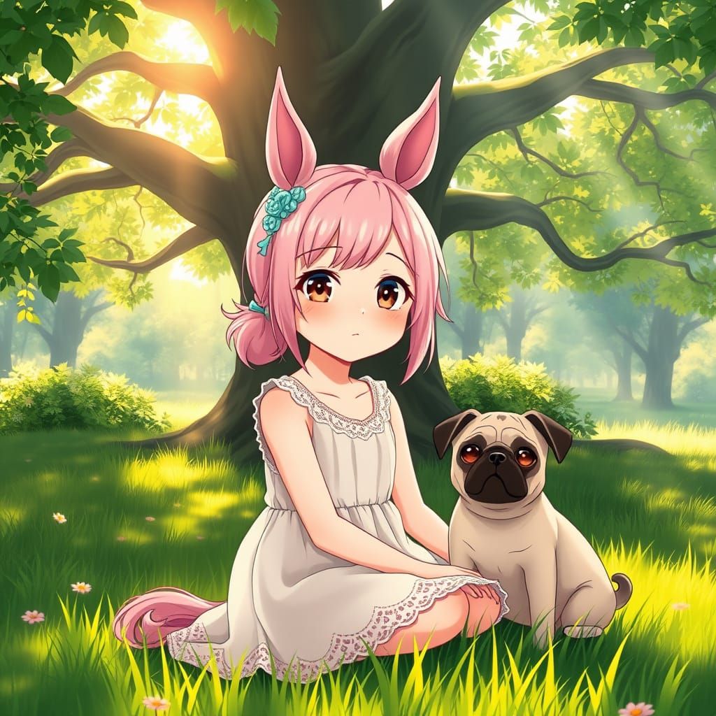 Whimsical Girl with Horse Ears in Anime-Inspired Woodland Sc...
